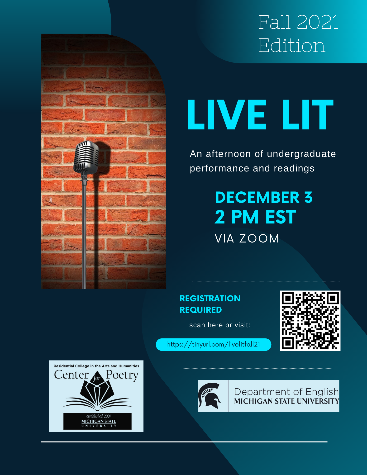 flyer with event info and image of vintage mic against brick background