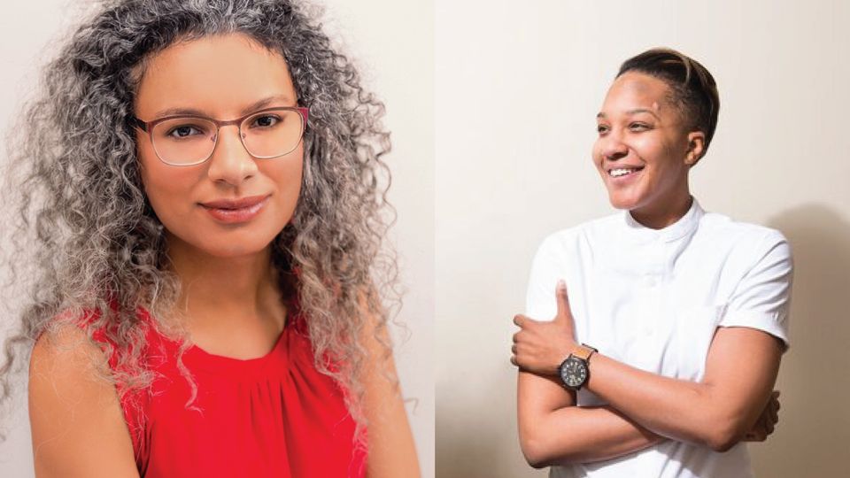 side-by-side collage of woman in red looking at camera and woman in white tee shirt looking to her right.