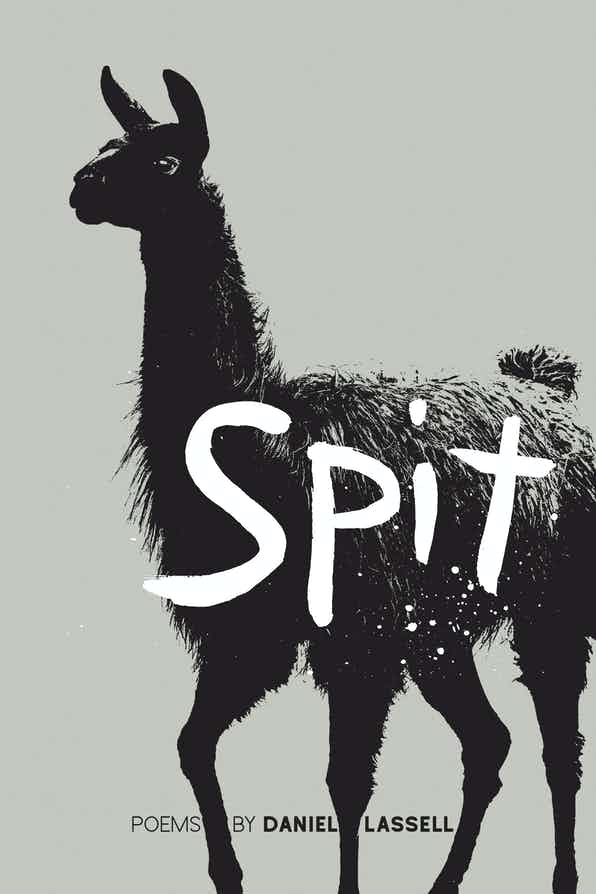 silhouette of a llama with white letters spelling spit